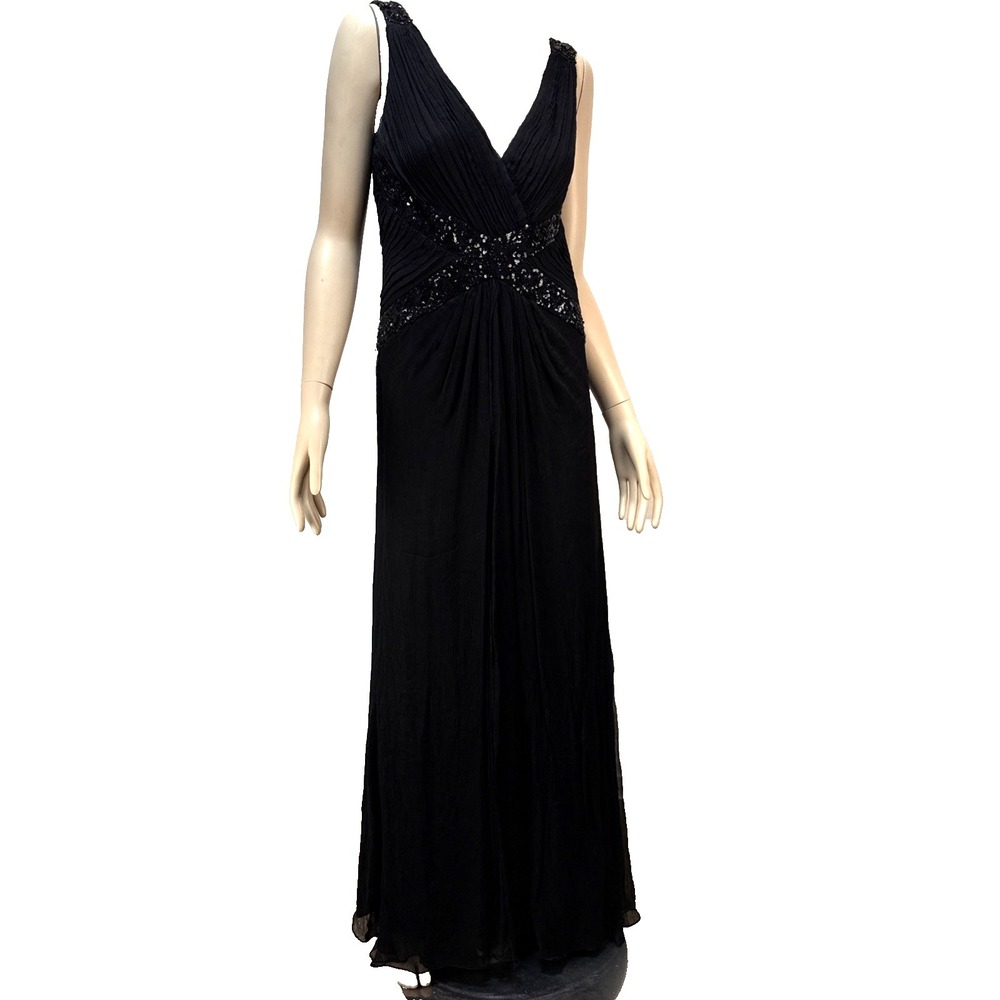 Tadashi Collection Long Evening Gown‎ Size 10 Black Silk Chiffon Beaded V-Neck